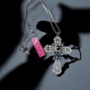 Betsey Johnson Blue and Silver Rhinestone Cross